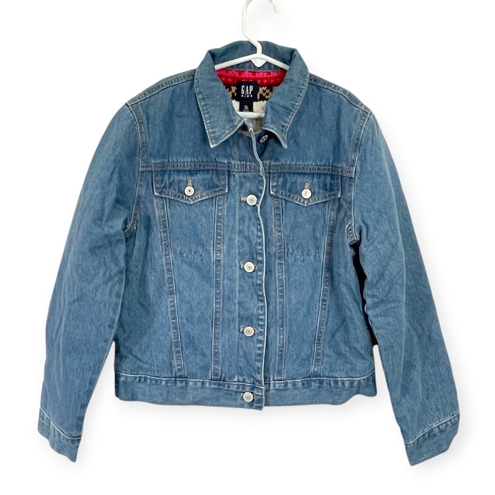 Gap Blue Denim Trucker Jacket Fair Isle Sweater Lined Preppy Outdoor Girls XL 12